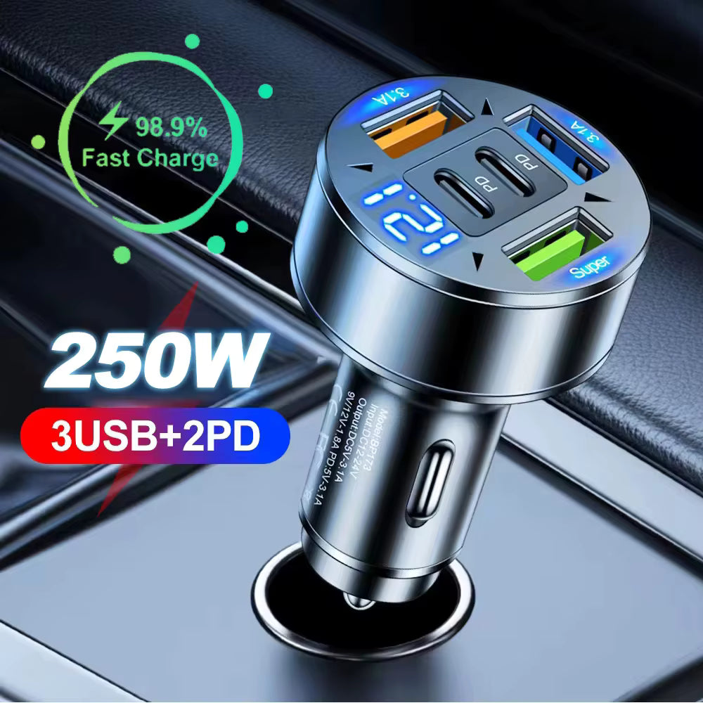 Cargador para auto 250W 5 Puertos Carga Rápida
