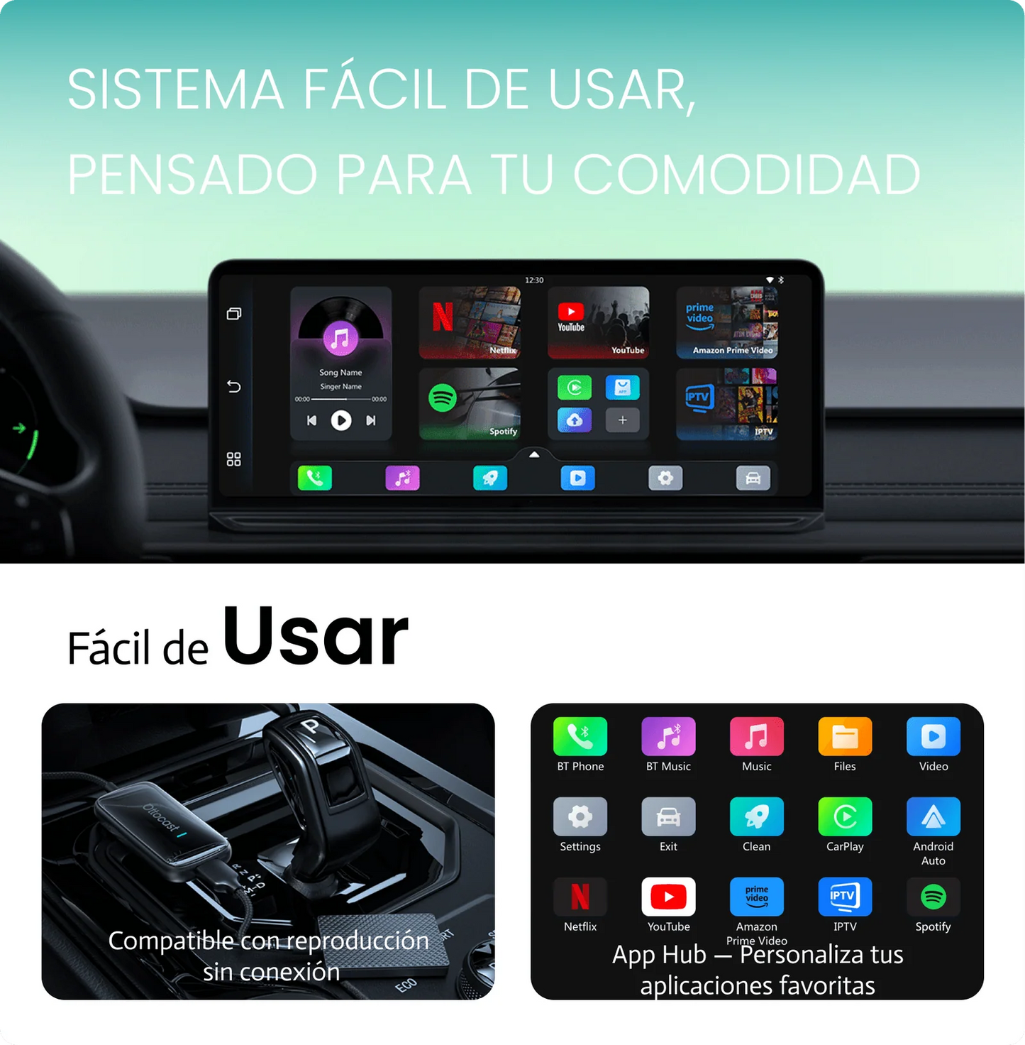 Ottocast Play2 Video Pro Ai Box Adaptador inalámbrico CarPlay Android Auto con Youtube, Netflix, Iptv integrado para automóvil con Carplay por cable